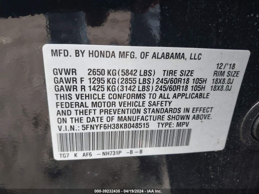 2019 Honda Pilot Ex VIN: 5FNYF6H38KB048515 Lot: 39232435