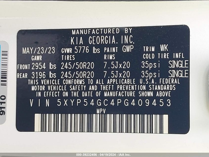 2023 Kia Telluride Sx VIN: 5XYP54GC4PG409453 Lot: 39232456