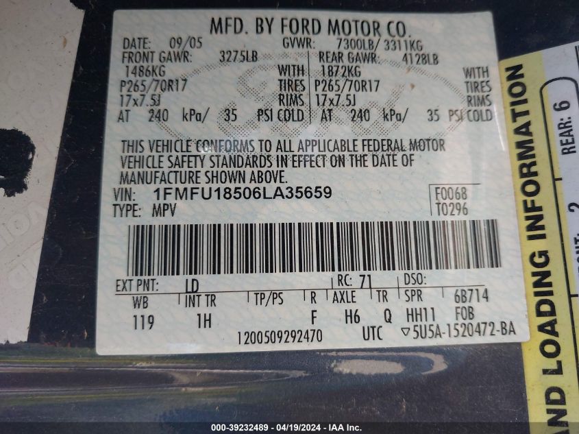 2006 Ford Expedition Eddie Bauer/King Ranch VIN: 1FMFU18506LA35659 Lot: 39232489