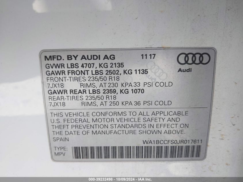 2018 Audi Q3 VIN: WA1BCCFS0JR017611 Lot: 39232498