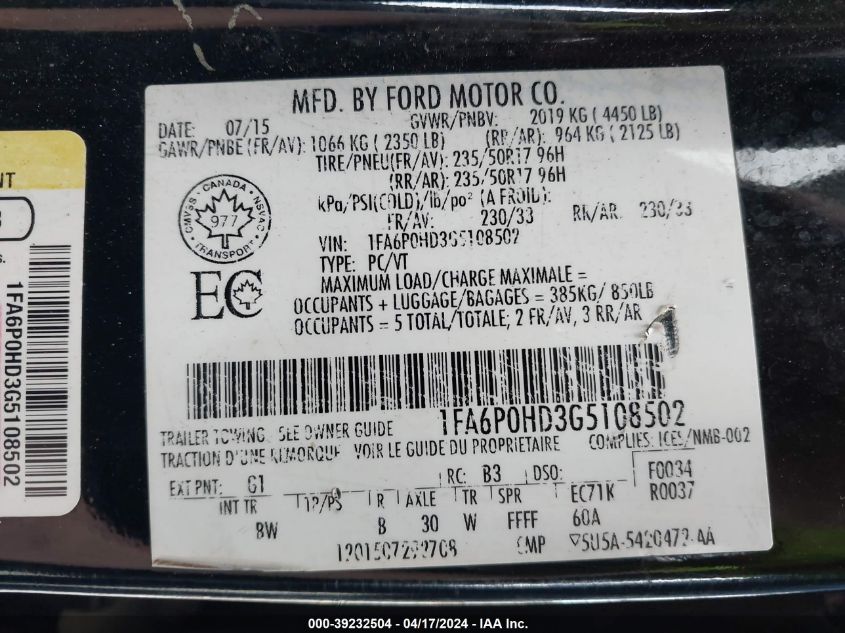 1FA6P0HD3G5108502 | 2016 FORD FUSION