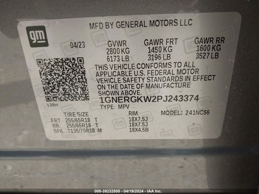 2023 Chevrolet Traverse Fwd Lt Cloth VIN: 1GNERGKW2PJ243374 Lot: 39232505