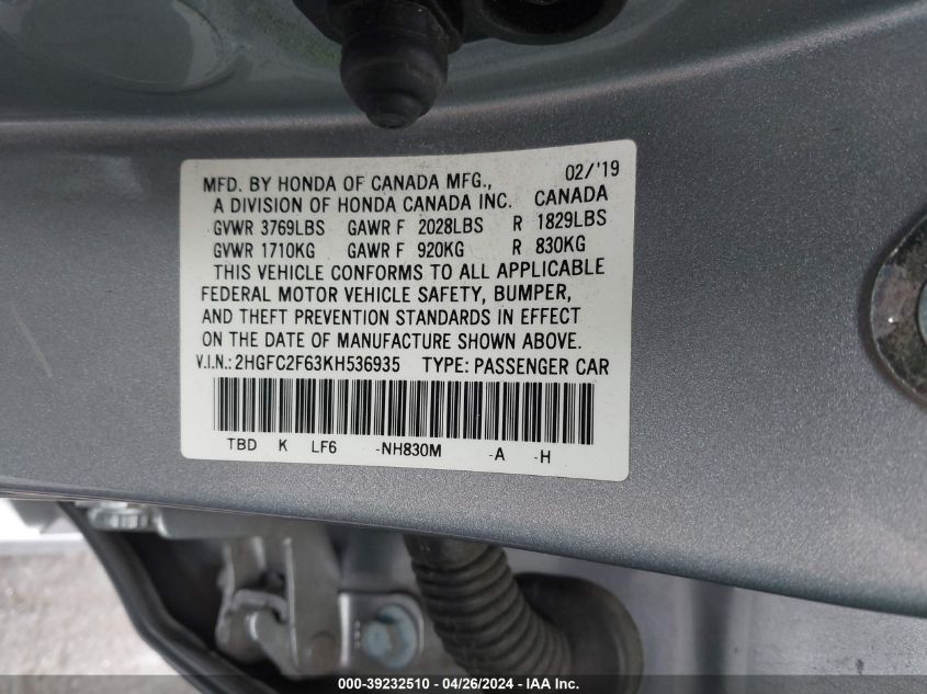 2019 Honda Civic Lx VIN: 2HGFC2F63KH536935 Lot: 39232510