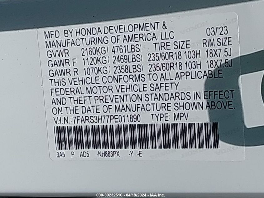 2023 Honda Cr-V Ex-L 2Wd VIN: 7FARS3H77PE011890 Lot: 51169084