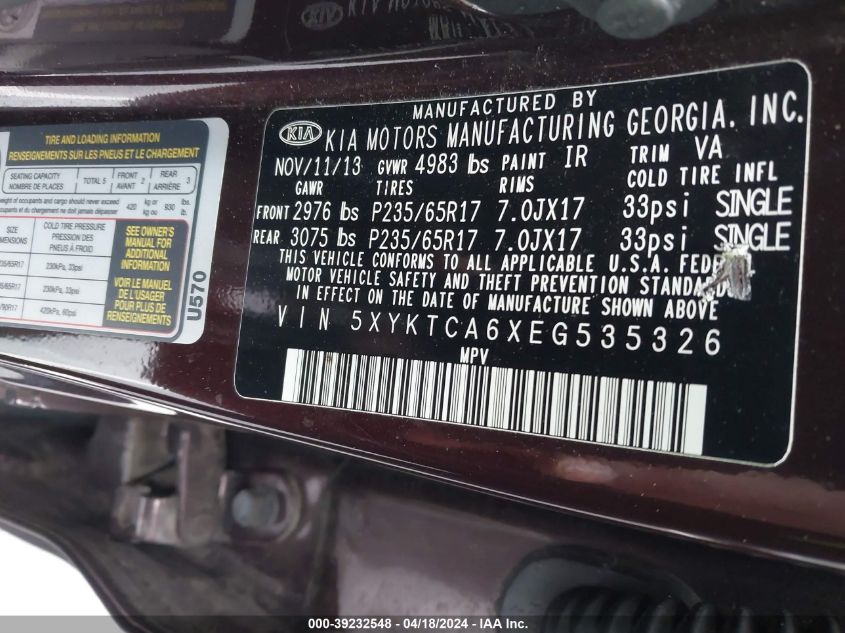 2014 Kia Sorento Lx VIN: 5XYKTCA6XEG535326 Lot: 39232548