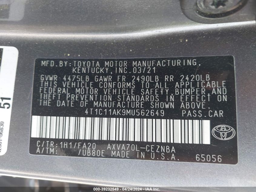 2021 Toyota Camry Le VIN: 4T1C11AK9MU562649 Lot: 39232549