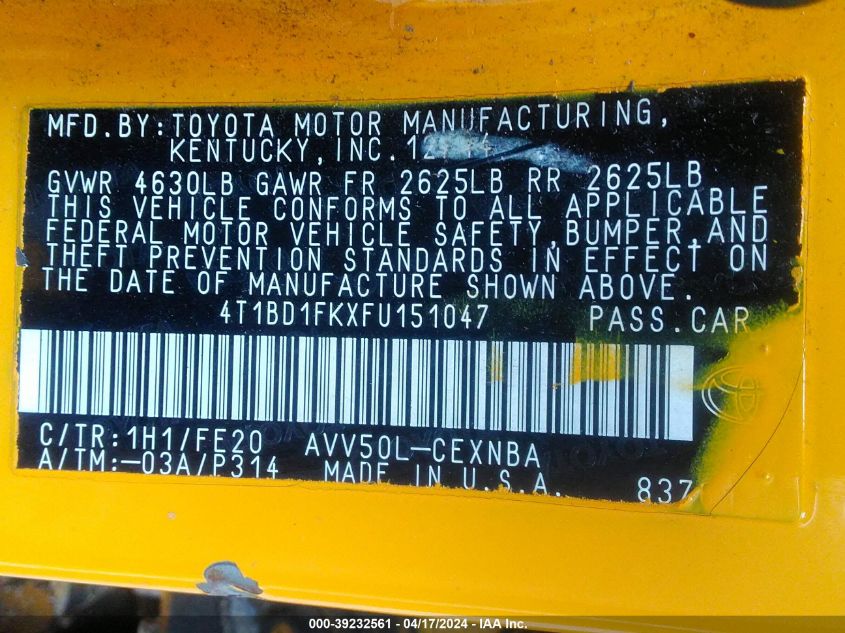 2015 Toyota Camry Hybrid Le VIN: 4T1BD1FKXFU151047 Lot: 39232561