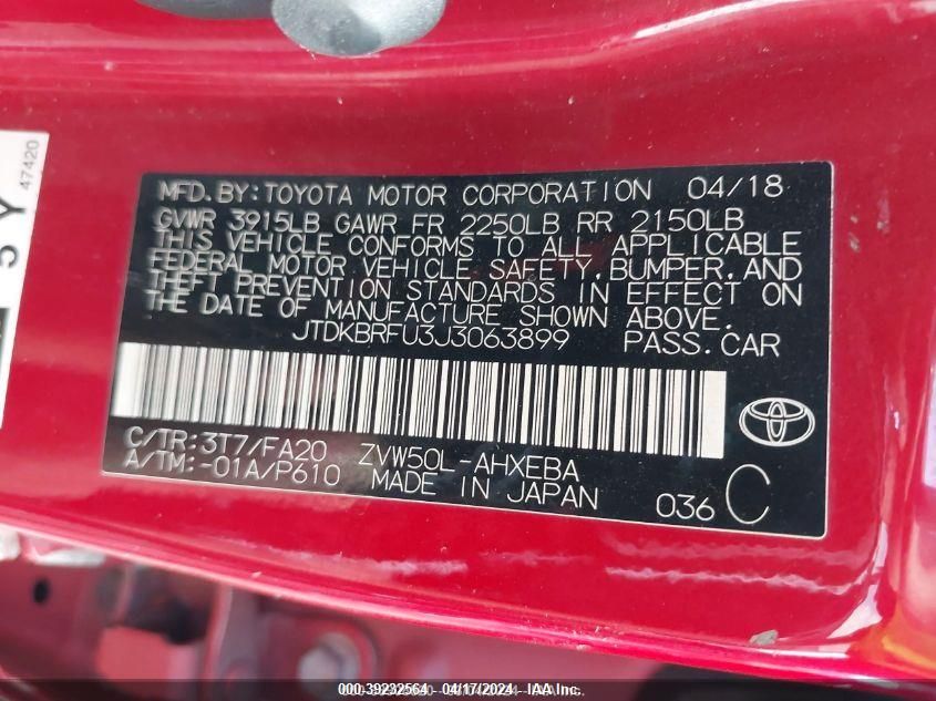 JTDKBRFU3J3063899 2018 Toyota Prius Two