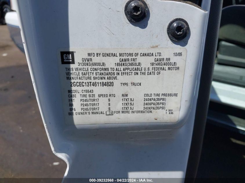 2006 Chevrolet Silverado C1500 VIN: 2GCEC13T461184820 Lot: 39232568