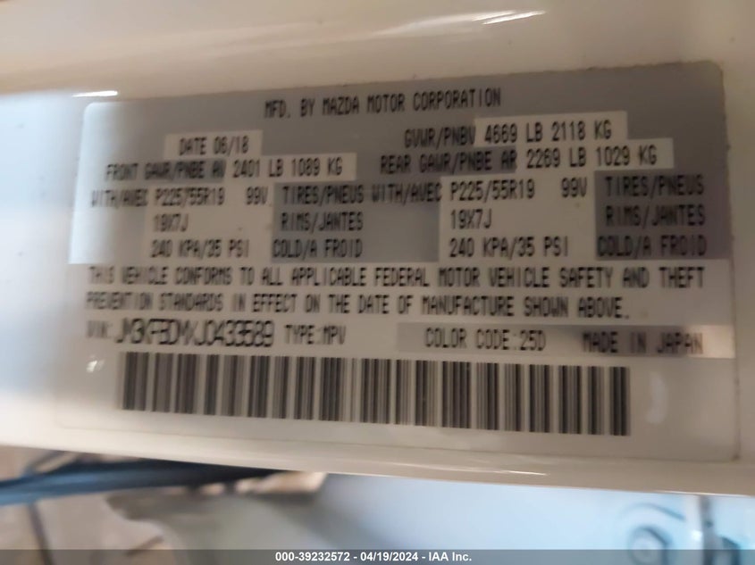 VIN JM3KFBDMXJ0433589 2018 MAZDA CX-5 GRAND TOURING