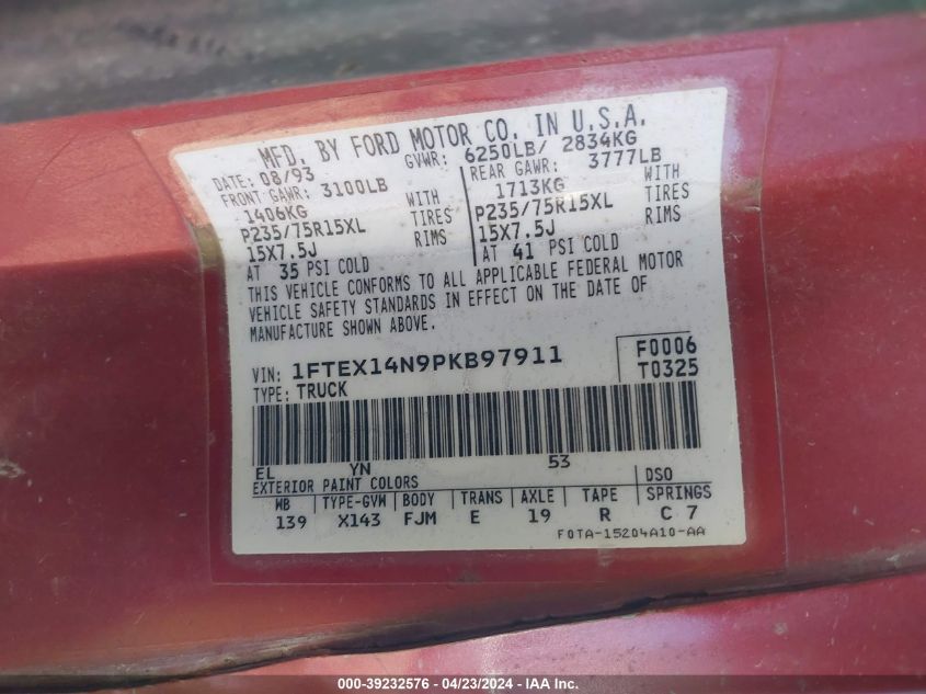 1993 Ford F150 VIN: 1FTEX14N9PKB97911 Lot: 39232576