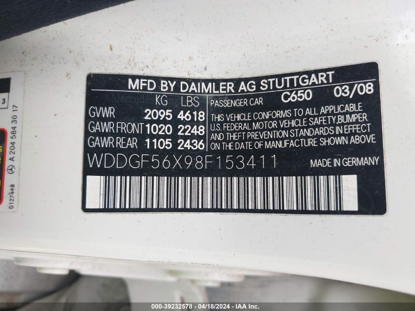 2008 Mercedes-Benz C 350 Sport VIN: WDDGF56X98F153411 Lot: 39232578