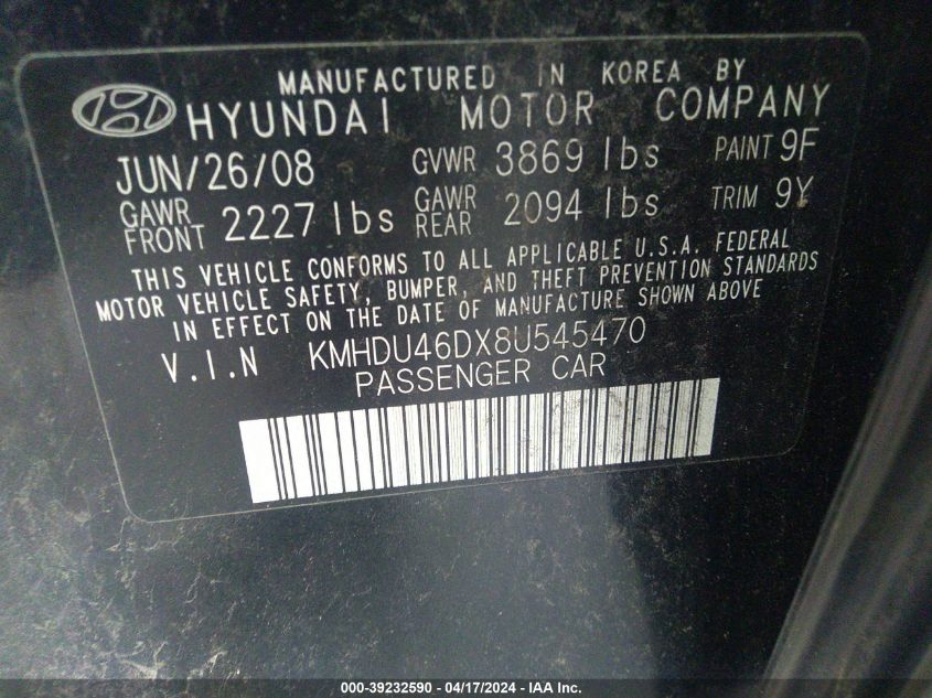 KMHDU46DX8U545470 | 2008 HYUNDAI ELANTRA