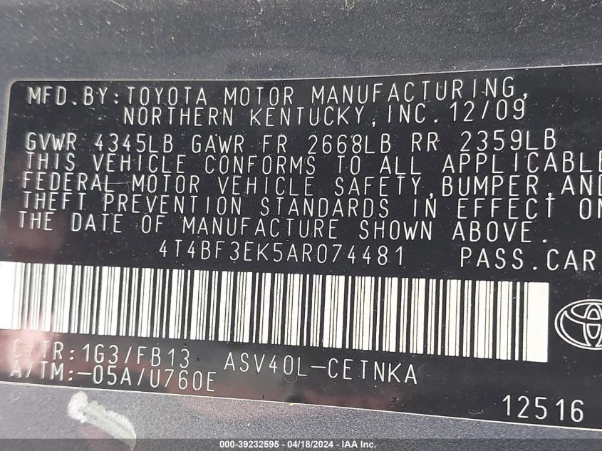 2010 Toyota Camry Le VIN: 4T4BF3EK5AR074481 Lot: 39232595