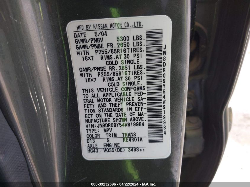 2004 Nissan Pathfinder Se VIN: JN8DR09Y54W919984 Lot: 39232596