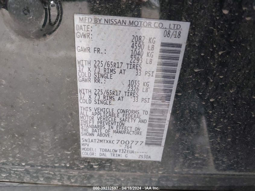 2019 Nissan Rogue Sv VIN: 5N1AT2MTXKC700777 Lot: 39232597