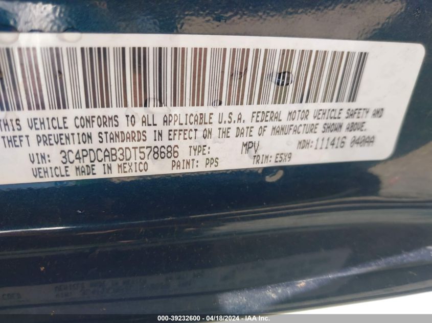 2013 Dodge Journey American Value Pkg VIN: 3C4PDCAB3DT578686 Lot: 39232600