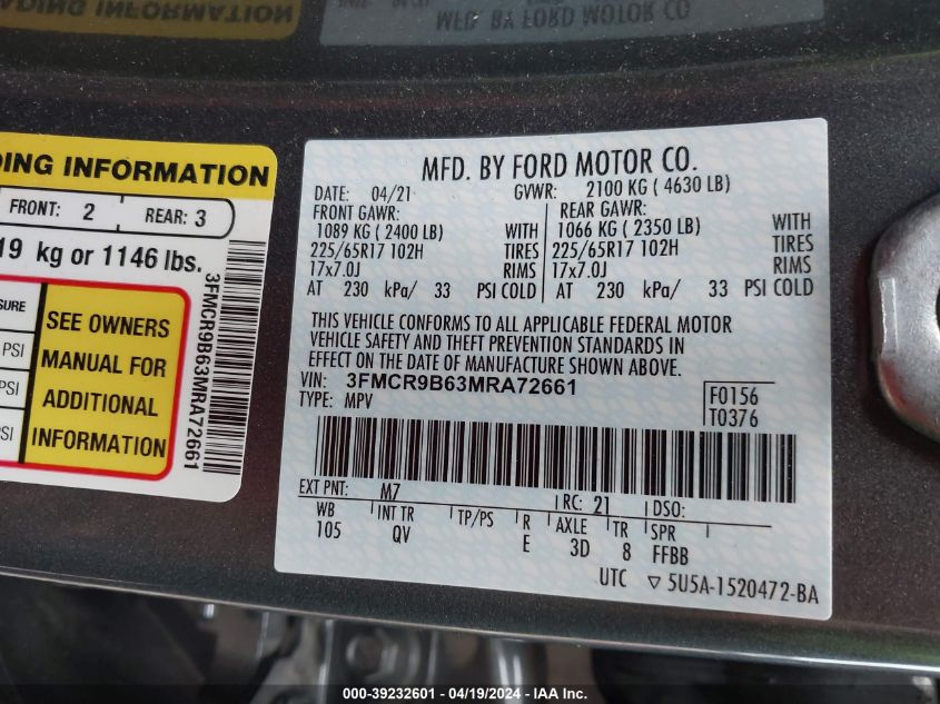 2021 Ford Bronco Sport Big Bend VIN: 3FMCR9B63MRA72661 Lot: 39232601