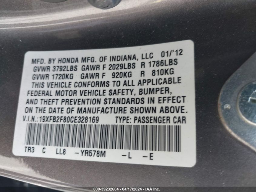 2012 Honda Civic Ex VIN: 19XFB2F80CE328169 Lot: 39232604