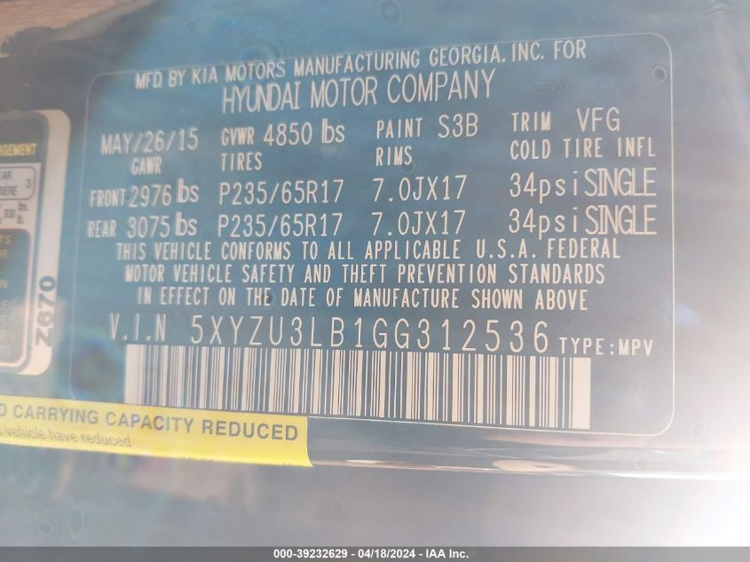 2016 Hyundai Santa Fe Sport 2.4L VIN: 5XYZU3LB1GG312536 Lot: 39232629