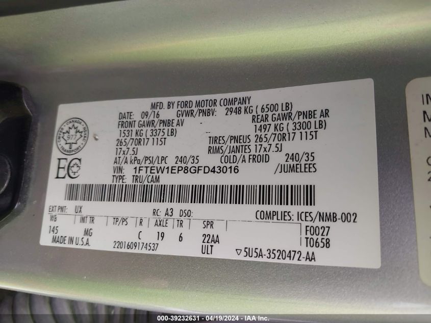 2016 Ford F-150 Xlt VIN: 1FTEW1EP8GFD43016 Lot: 39232631