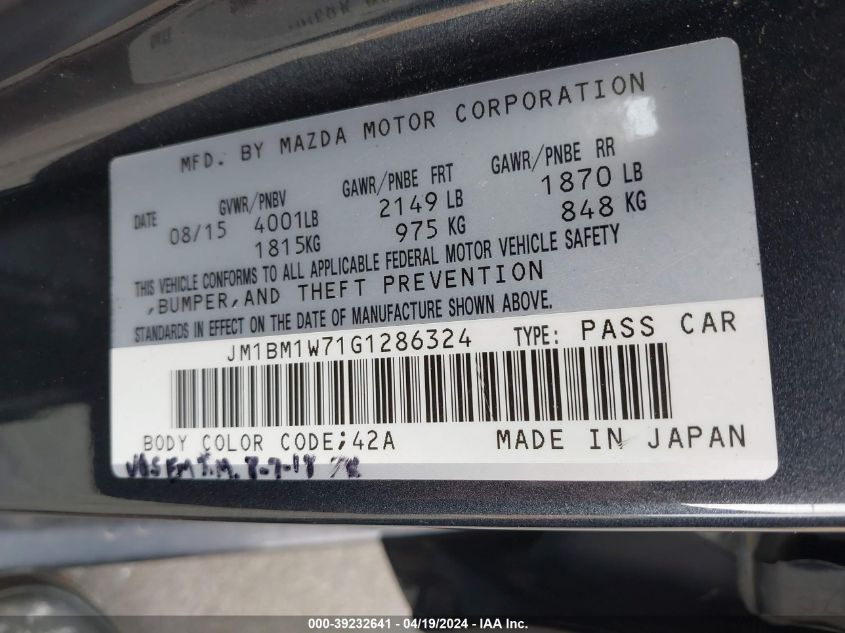 2016 Mazda Mazda3 I Touring VIN: JM1BM1W71G1286324 Lot: 39232641