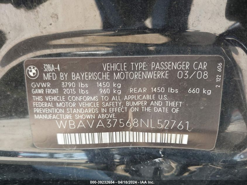 2008 BMW 328I VIN: WBAVA37568NL52761 Lot: 39232654