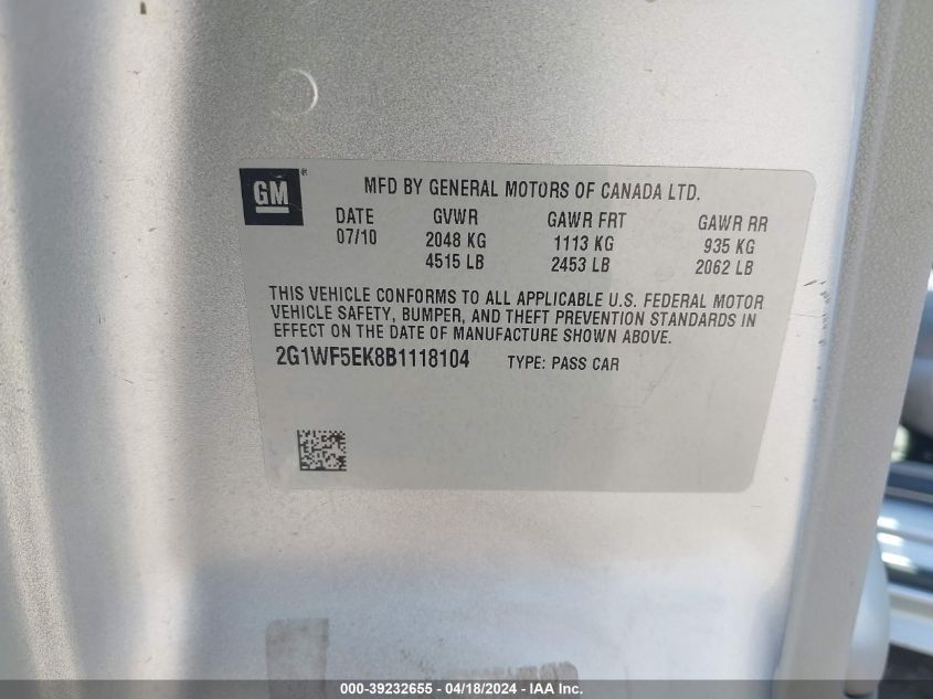 2011 Chevrolet Impala Ls VIN: 2G1WF5EK8B1118104 Lot: 39232655