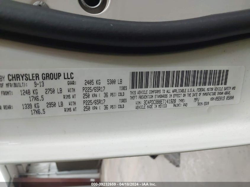 2014 Dodge Journey Sxt VIN: 3C4PDCBB8ET141928 Lot: 39232659