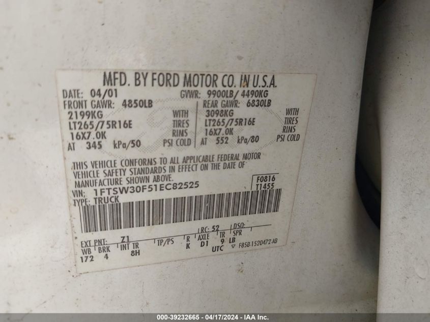 2001 Ford F-350 Lariat/Xl/Xlt VIN: 1FTSW30F51EC82525 Lot: 39232665