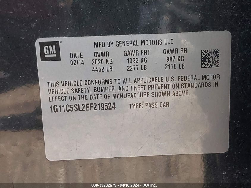 1G11C5SL2EF219524 | 2014 CHEVROLET MALIBU