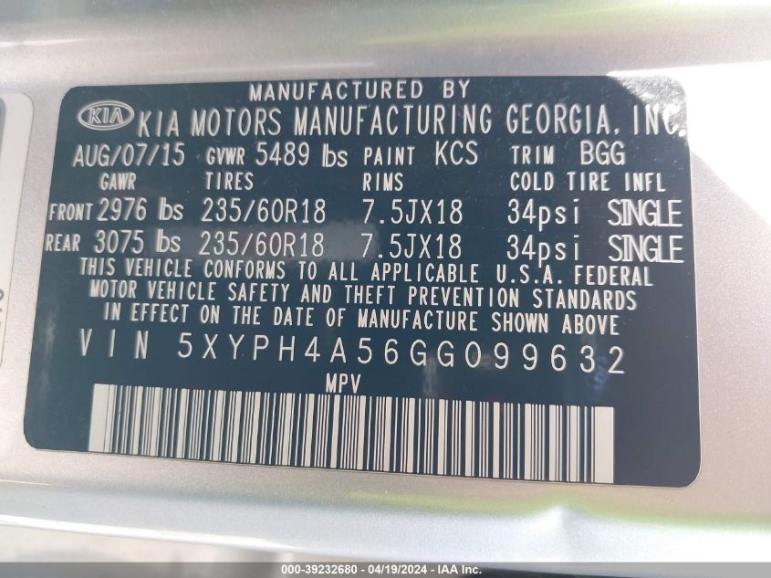 2016 Kia Sorento 3.3L Ex VIN: 5XYPH4A56GG099632 Lot: 39232680