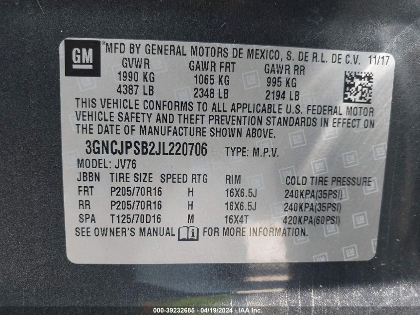 2018 Chevrolet Trax Lt VIN: 3GNCJPSB2JL220706 Lot: 39232685