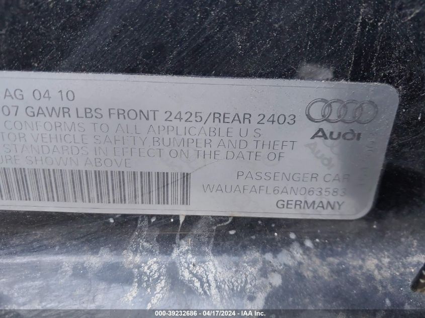 2010 Audi A4 2.0T Premium VIN: WAUAFAFL6AN063583 Lot: 39232686