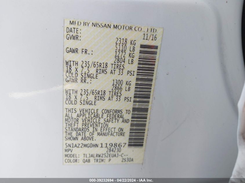 2017 NISSAN MURANO SL - 5N1AZ2MG0HN119867