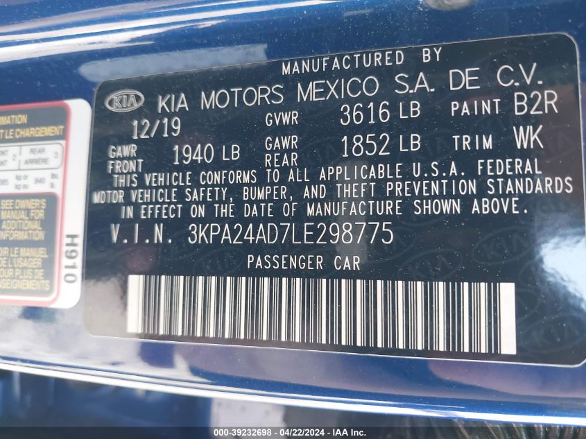 2020 Kia Rio S VIN: 3KPA24AD7LE298775 Lot: 39232698