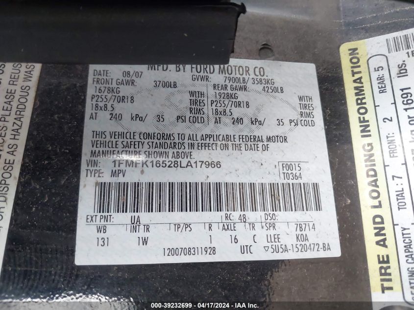 2008 Ford Expedition El Xlt VIN: 1FMFK16528LA17966 Lot: 39232699