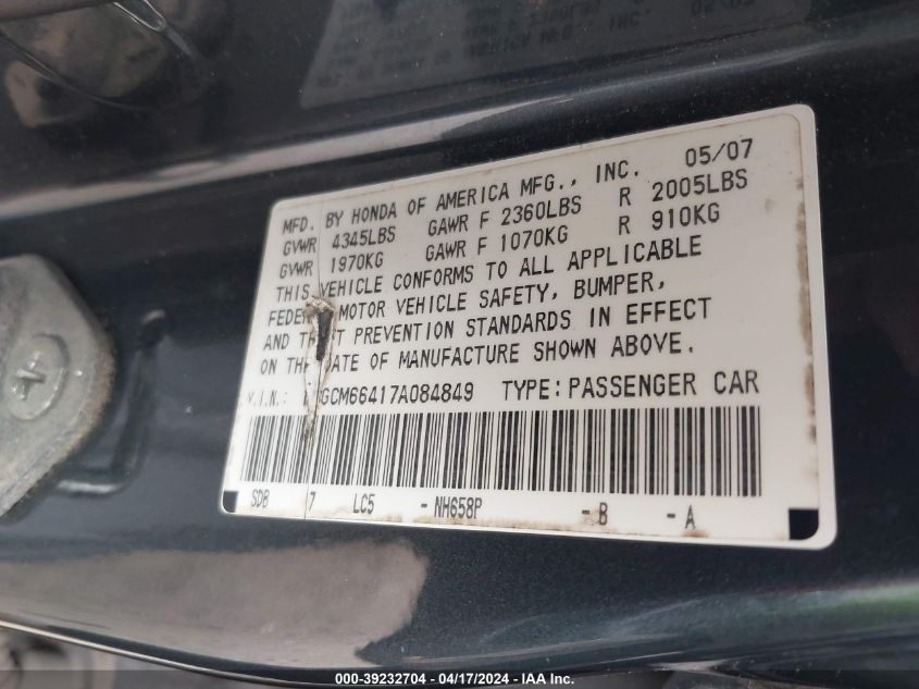 1HGCM66417A084849 | 2007 HONDA ACCORD