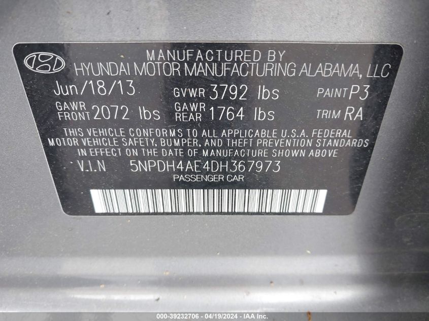 5NPDH4AE4DH367973 | 2013 HYUNDAI ELANTRA