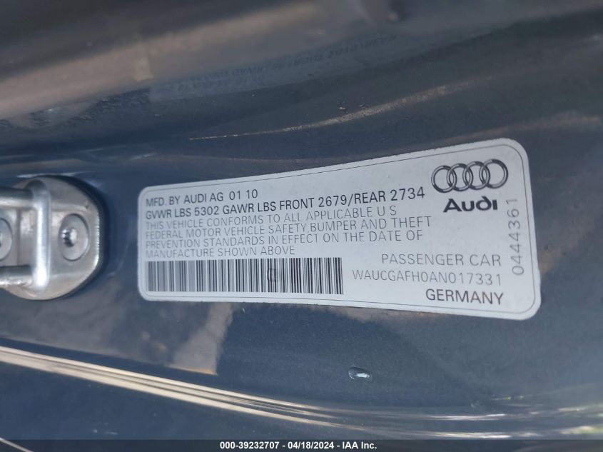 2010 Audi S5 3.0 Premium Plus VIN: WAUCGAFH0AN017331 Lot: 39232707