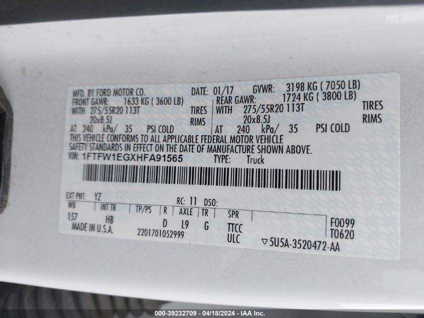 2017 Ford F-150 Lariat VIN: 1FTFW1EGXHFA91565 Lot: 39232709