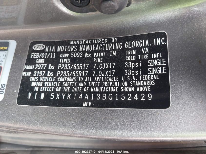 2011 Kia Sorento Lx VIN: 5XYKT4A13BG152429 Lot: 39232710