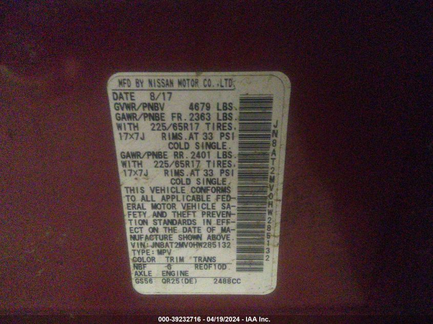 2017 Nissan Rogue Sv VIN: JN8AT2MV0HW285132 Lot: 39232716
