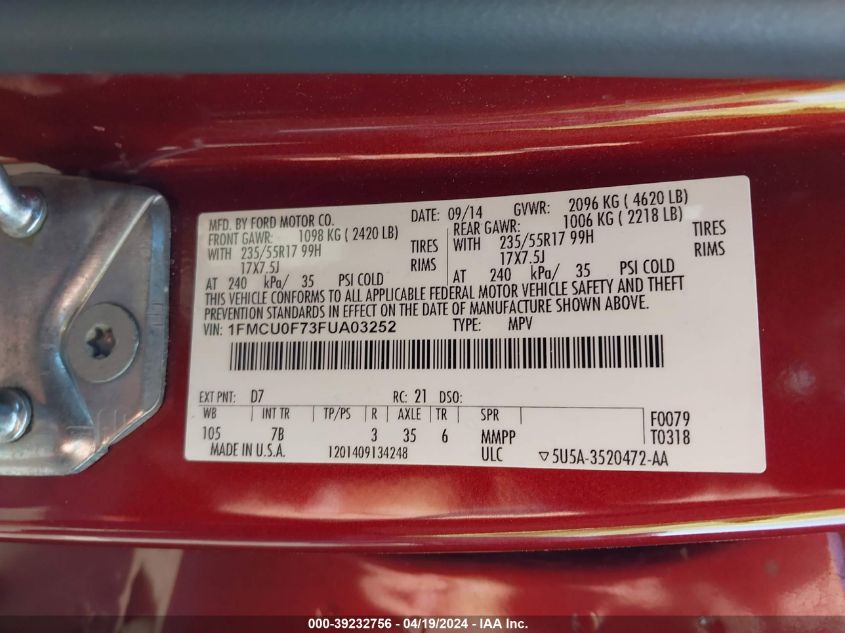 2015 Ford Escape S VIN: 1FMCU0F73FUA03252 Lot: 39232756