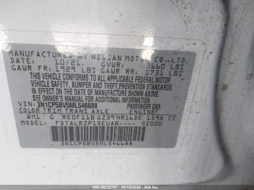 2021 Nissan Kicks S Xtronic Cvt VIN: 3N1CP5BV5ML546688 Lot: 39232761