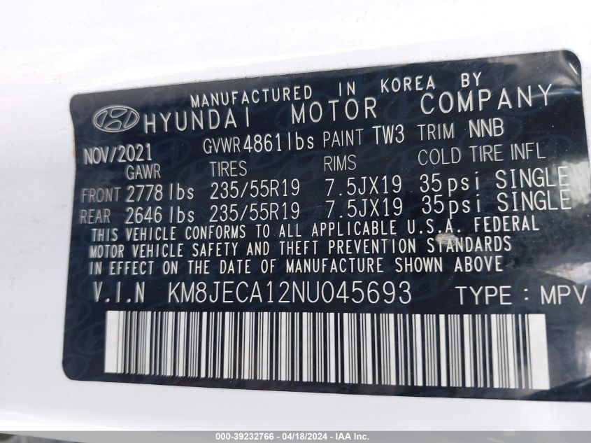 2022 Hyundai Tucson Hybrid Limited VIN: KM8JECA12NU045693 Lot: 39232766