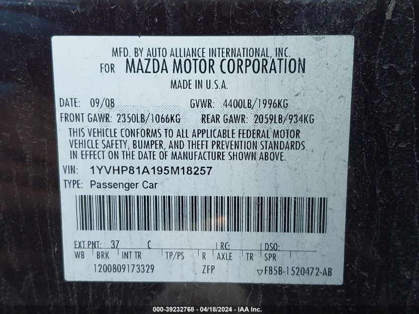 1YVHP81A195M18257 | 2009 MAZDA MAZDA6