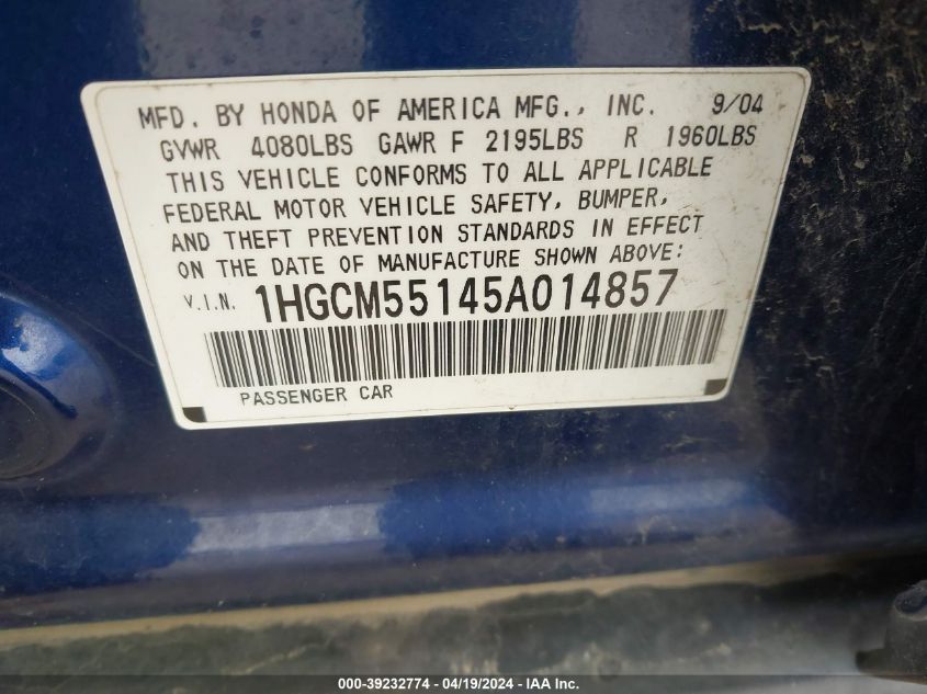 2005 Honda Accord 2.4 Dx VIN: 1HGCM55145A014857 Lot: 39232774