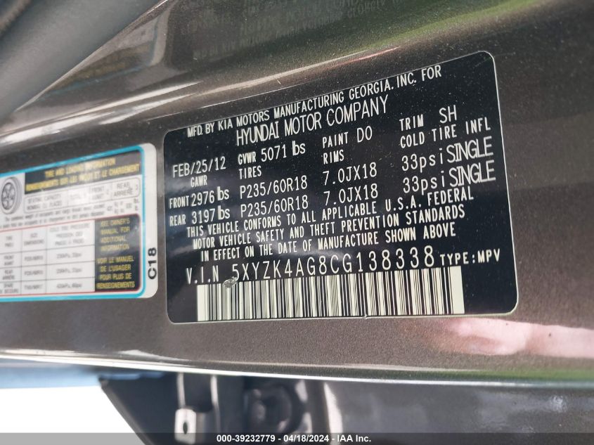 2012 Hyundai Santa Fe Limited V6 VIN: 5XYZK4AG8CG138338 Lot: 39232779