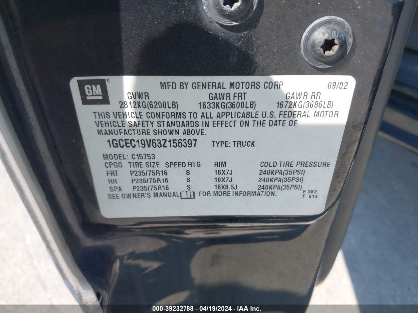 2003 Chevrolet Silverado 1500 Ls VIN: 1GCEC19V63Z156397 Lot: 39232788